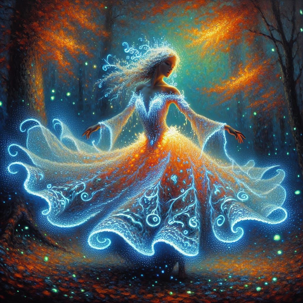 Bioluminescent Dancer in Autumn Forest: Oil Painting