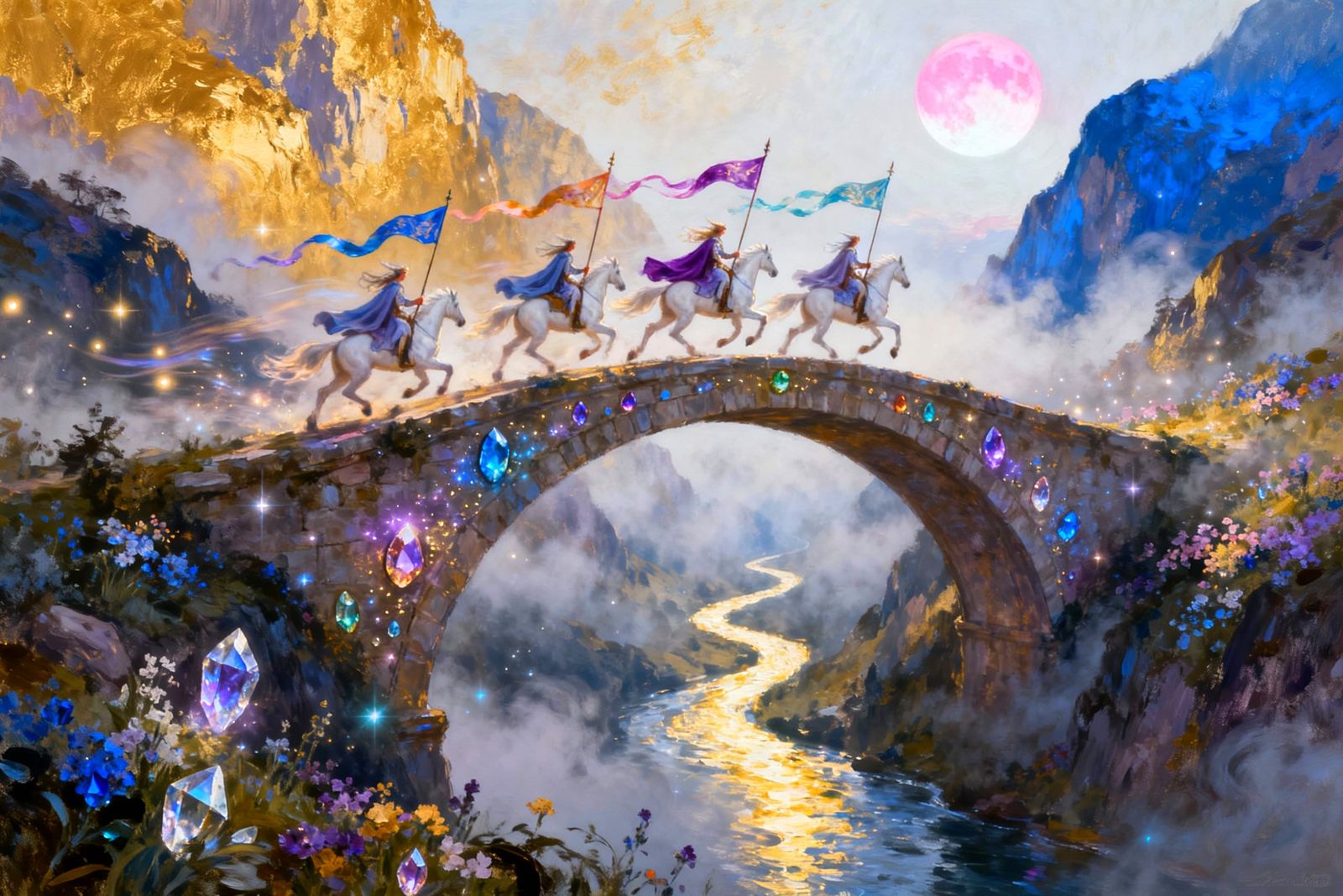 Elvish Riders on Crystal Bridge in Foggy Valley