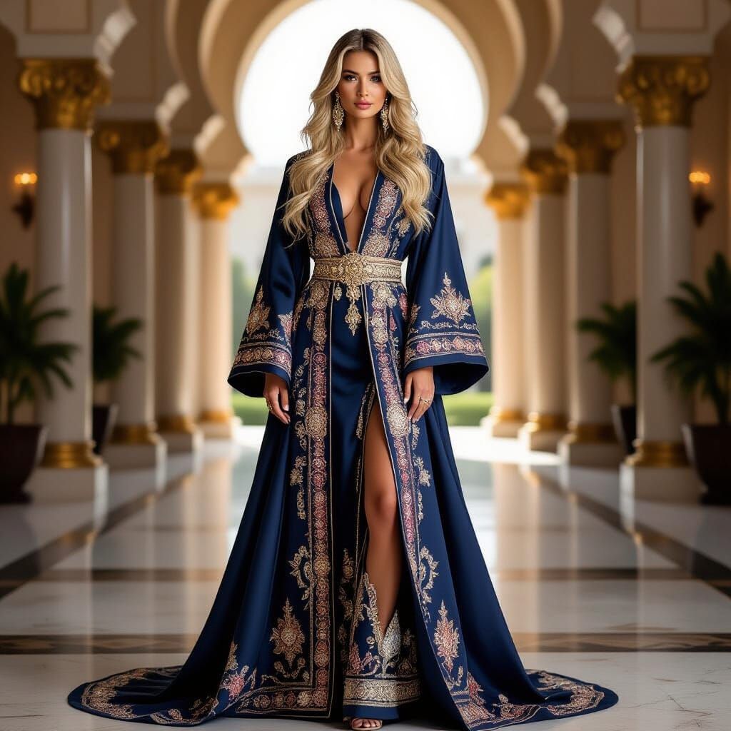 Majestic Blonde Woman in Luxurious Modern Abaya