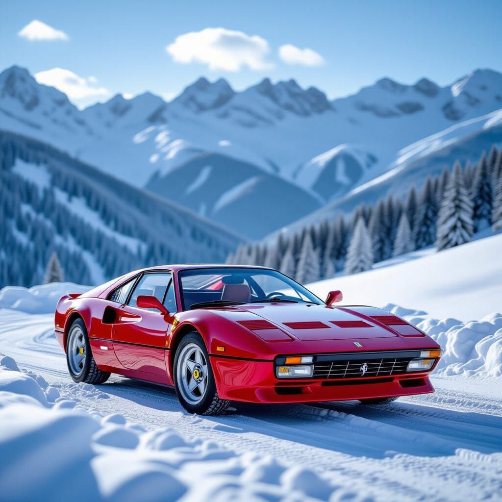Crimson Ferrari 288 GTO in Snowy Mountain Pass