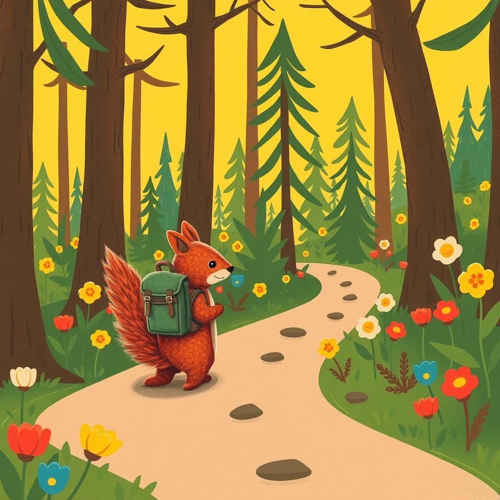 Smiling Fabric Squirrel in Whimsical Forest Scene