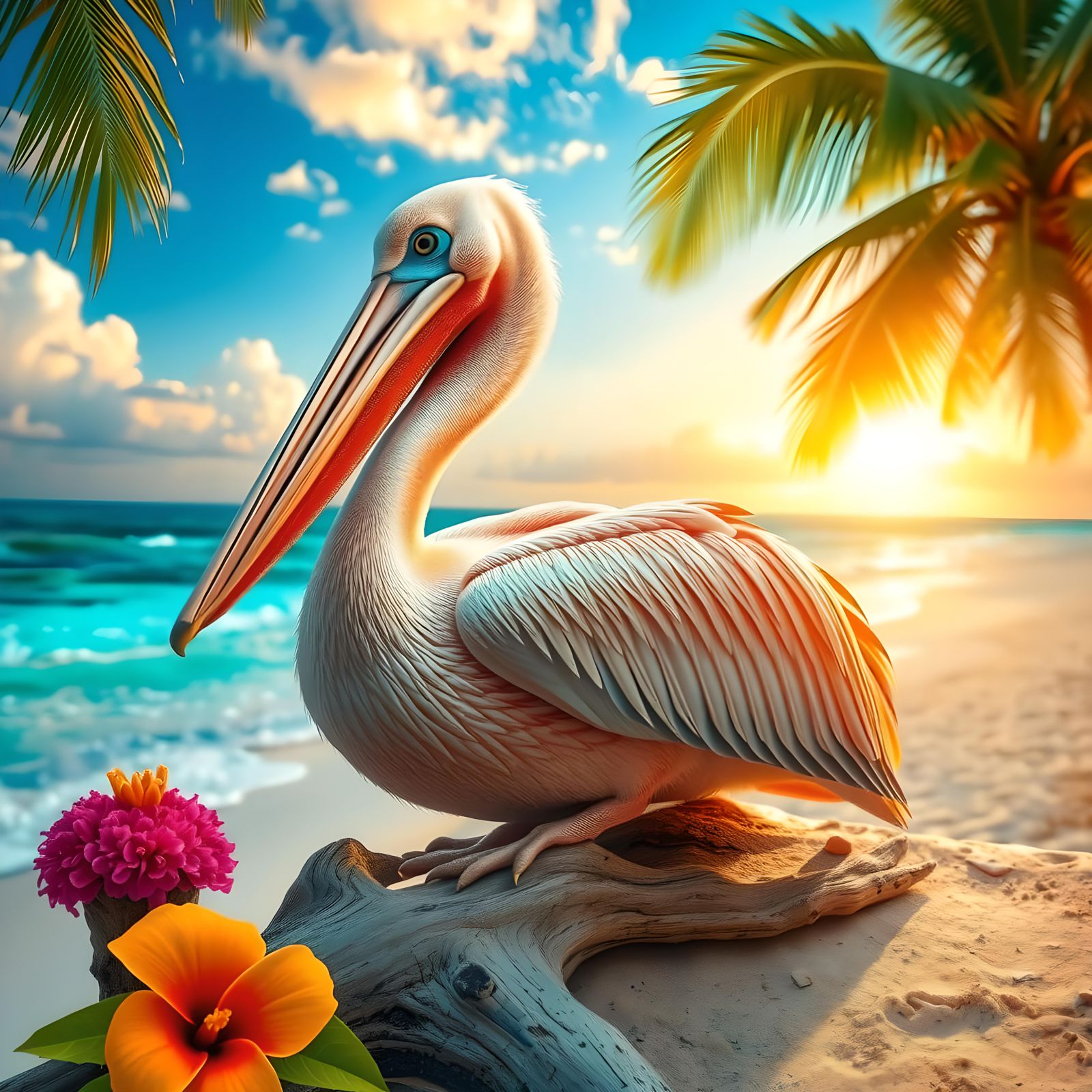Colorful Pelican at Sunrise on Tropical Beach
