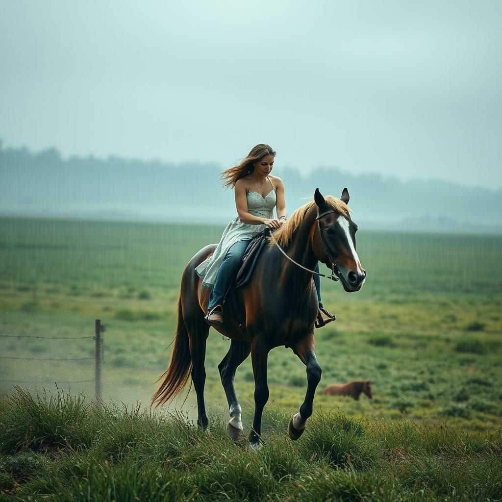Woman Riding Horse in Rainy Landscape