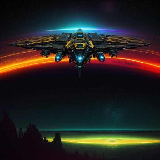 Golden Spaceship Floats Above Alien Planet