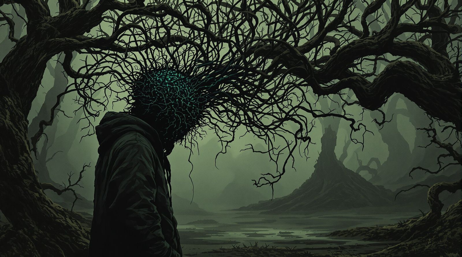 Gritty Figure in Murky Swamp with Neural Synapses