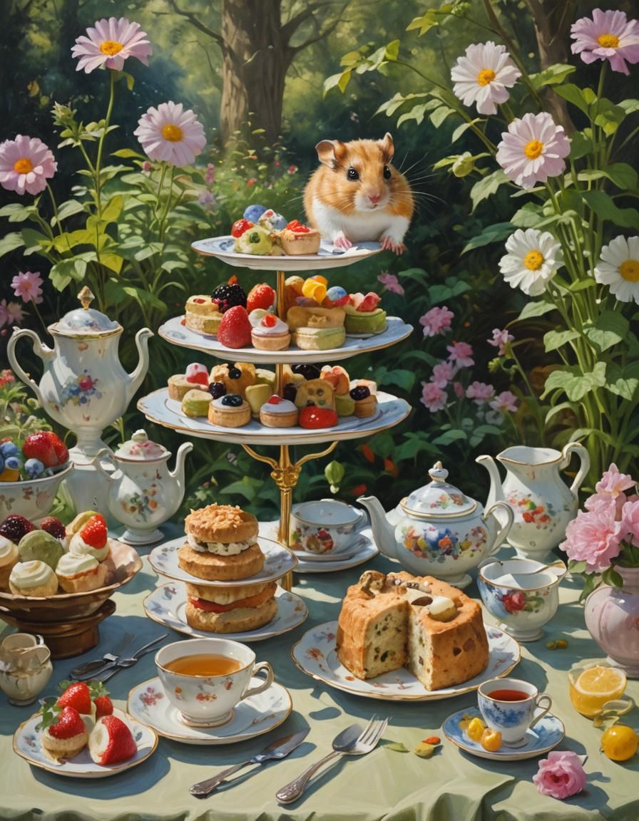 Hamster's Afternoon Tea in English Garden: Oil Painting
