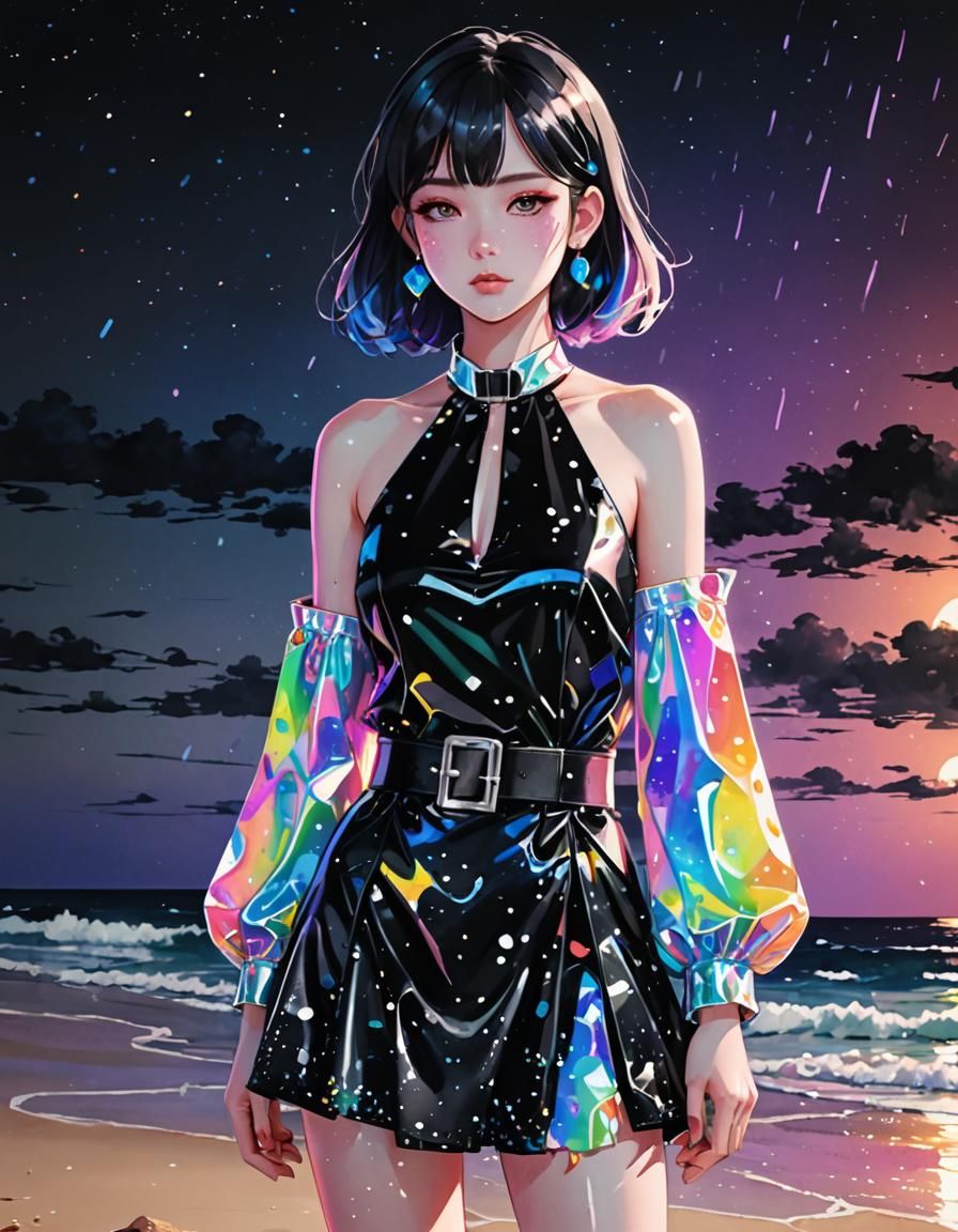 Beach Anime Art in Black and White with Neon Accents