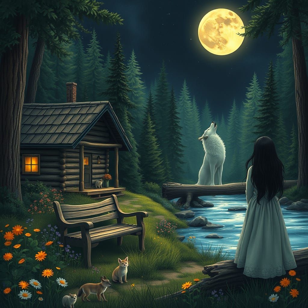 Enchanting Forest Cabin Scene Under Full Moon