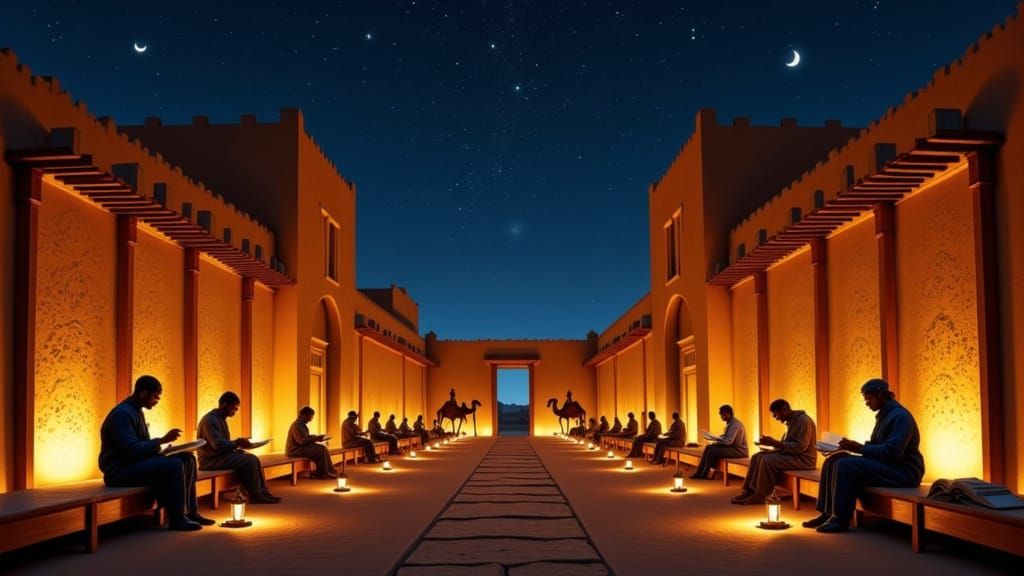 Timbuktu Madrasah at Night, Illuminated by Lamps