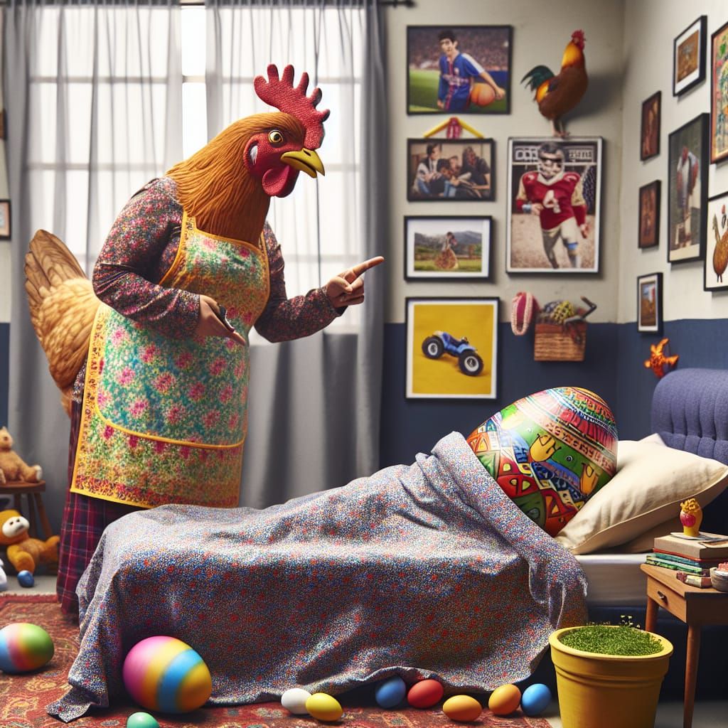 Hen Scolds Easter Egg in Teen Bedroom