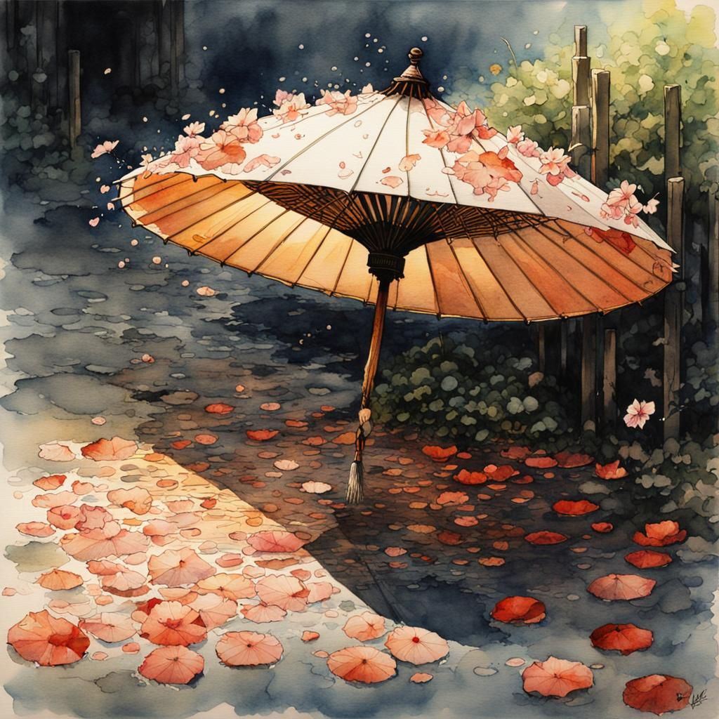 Watercolor Japanese Parasol with Flower Petals