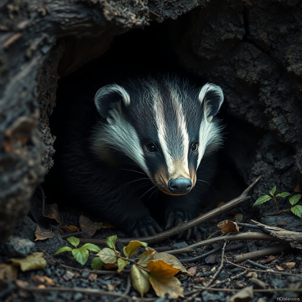 Hyperrealistic Honey Badger Emerges from Den in Moody, High-...