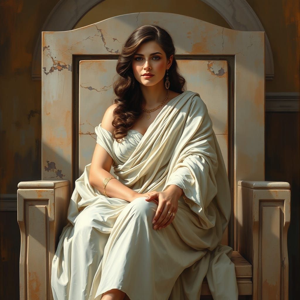 Grecian Goddess Seated on Marble Throne in Ethereal Light