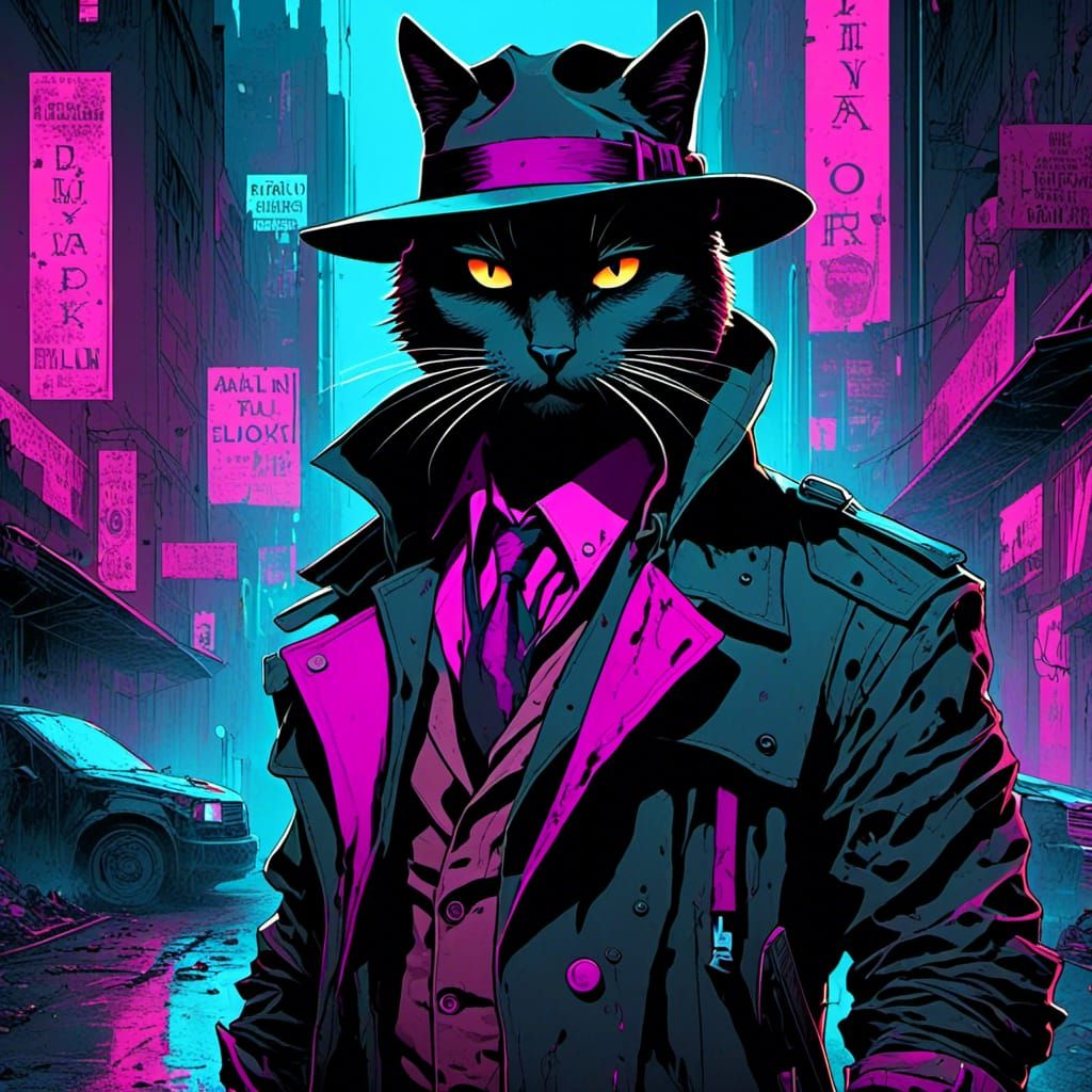 Cyberpunk Noir Cat Portrait in Dystopian Alley