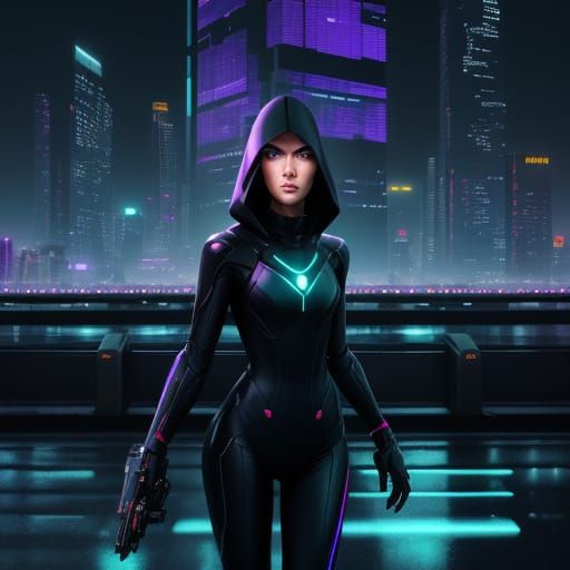 Cyberpunk Female Figure in Thermal Imaging Dystopian Citysca...