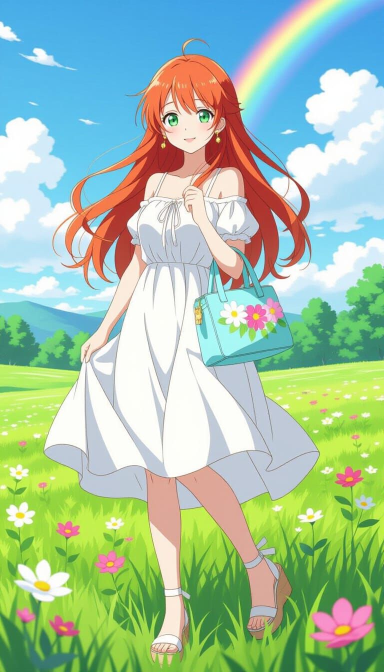 Anime Woman in Summer Dress with Red Hair