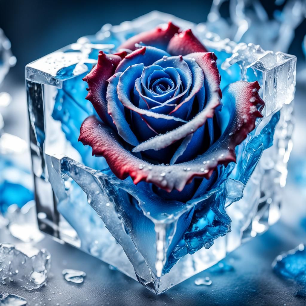 Bioluminescent Blue Rose Emerges from Ice Cube