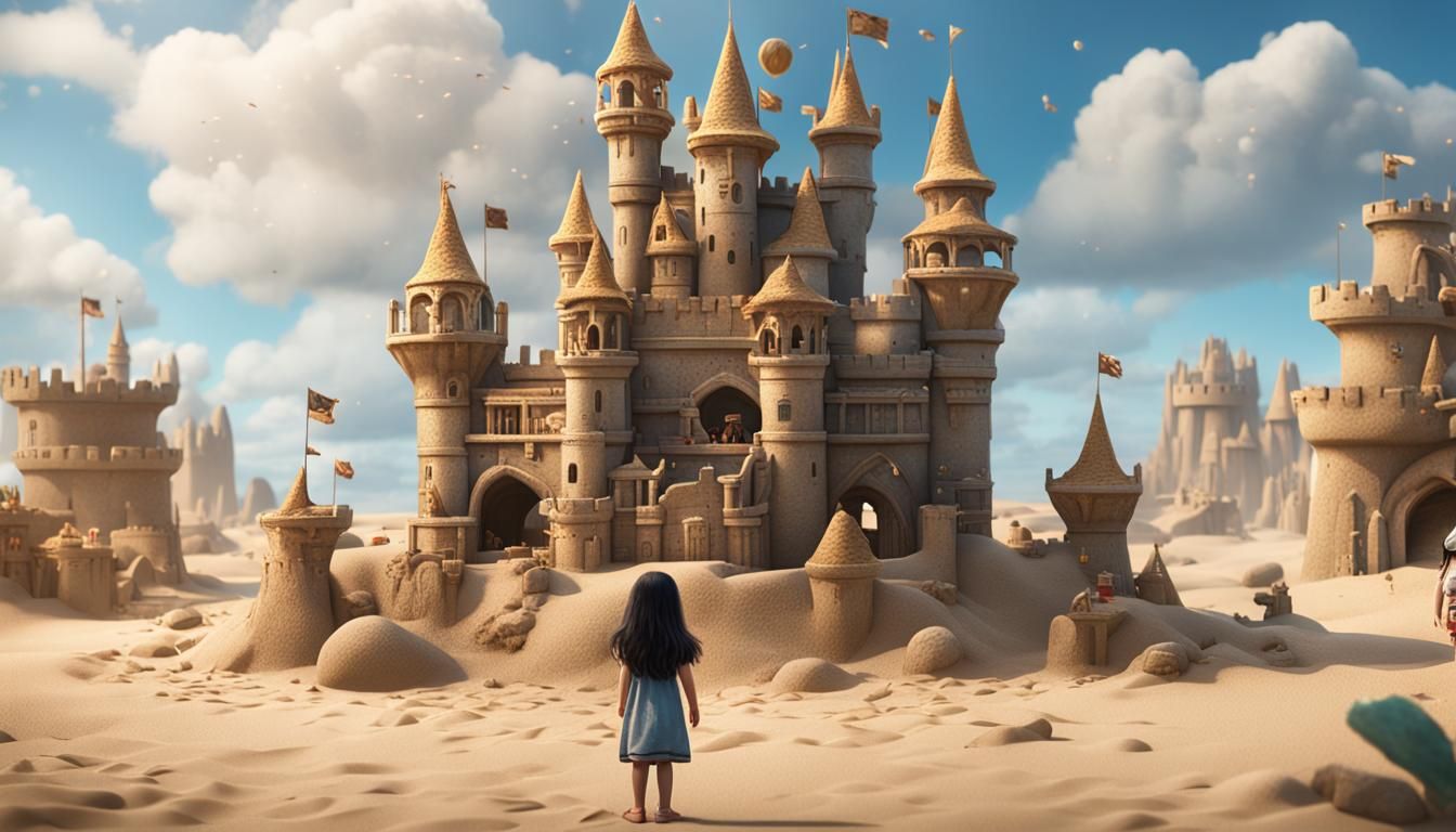 Girl and Sandcastle: Detailed Digital Fantasy Art