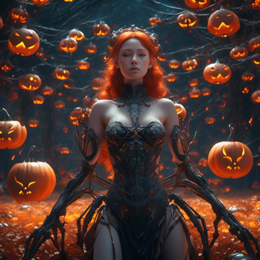 Redhead Woman with Pumpkin in Sci-Fi Forest