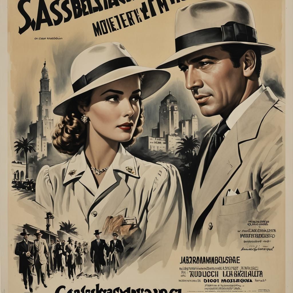 Movie Poster - a vintage poster for a mystery movie including the title saying "CASABLANCA" and credits