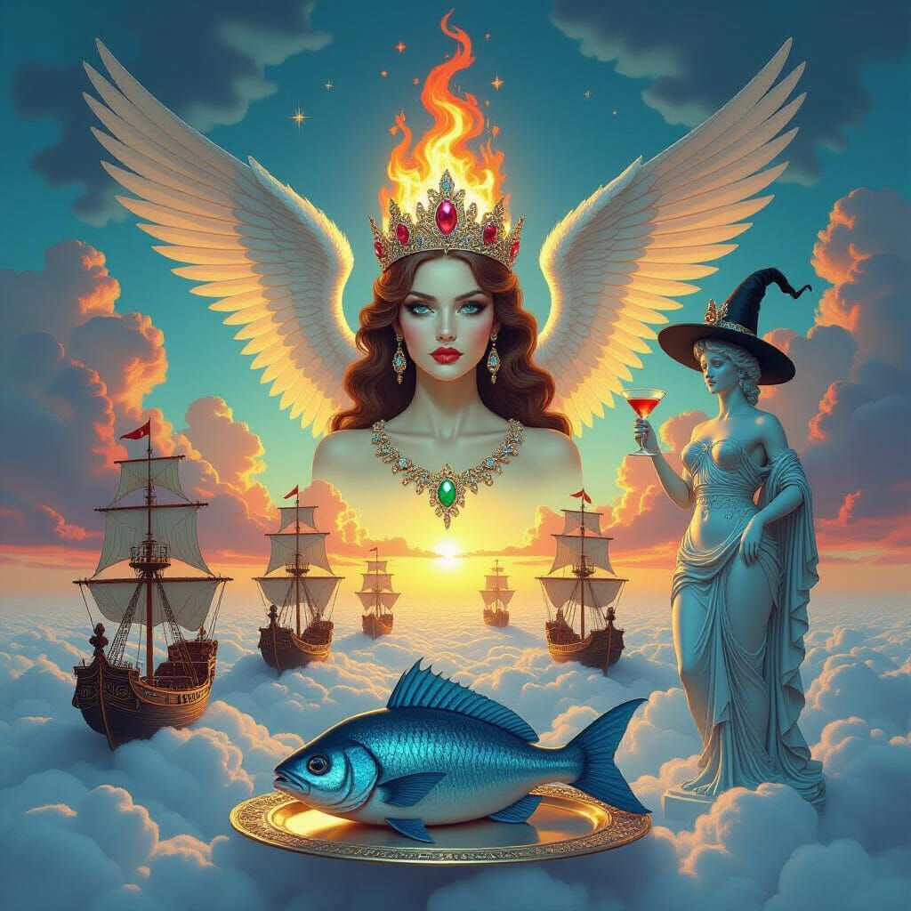 Surreal Dreamscape Crown & Cat with Fiery Angel Wings