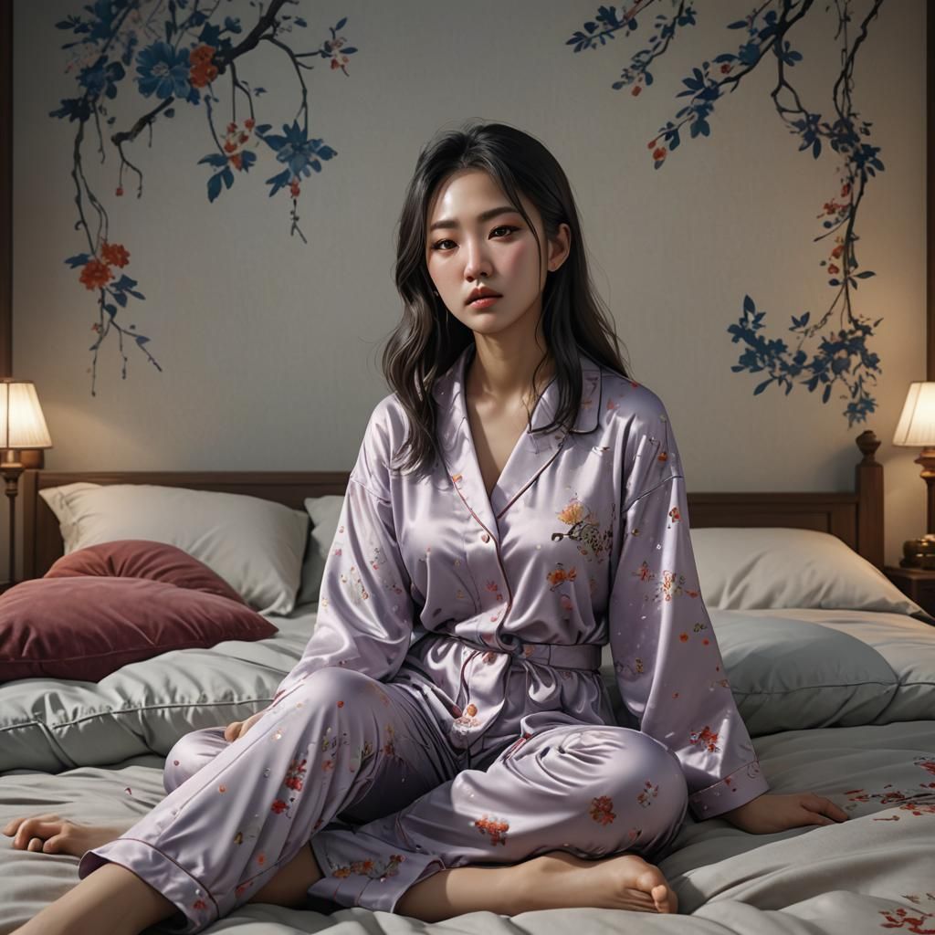 Korean Girl Pouting in Pajamas: Detailed Matte Painting