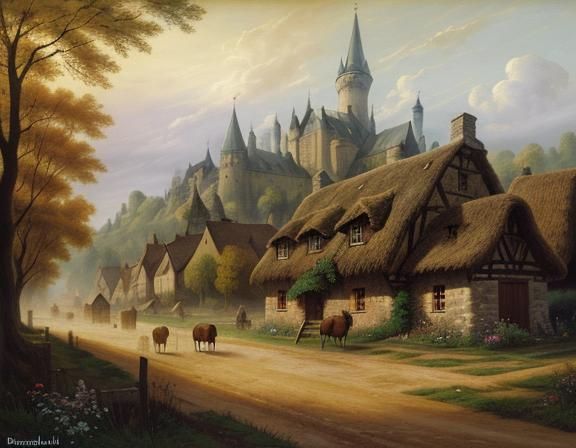 Medieval Prussian Village in Warm Light: Oil Painting