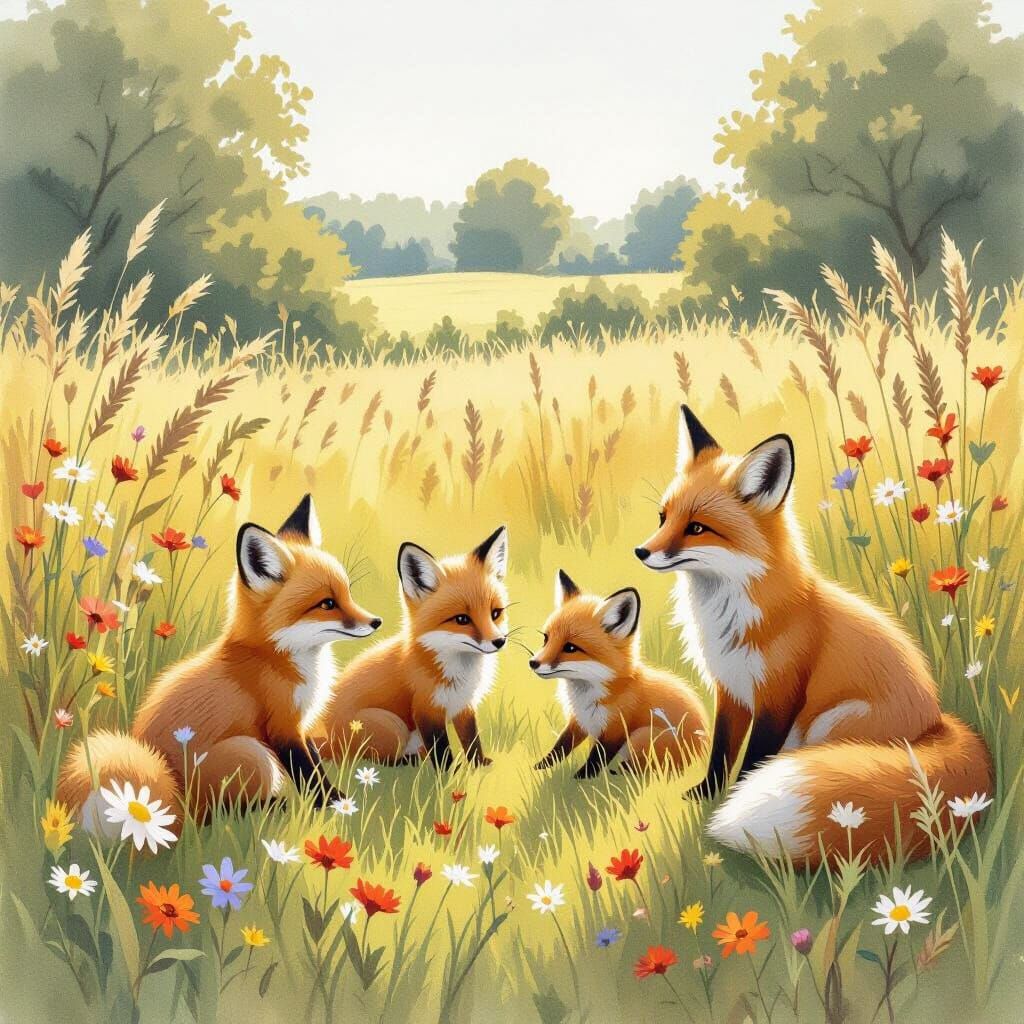 Fox Family Frolic: A Whimsical Watercolor Painting