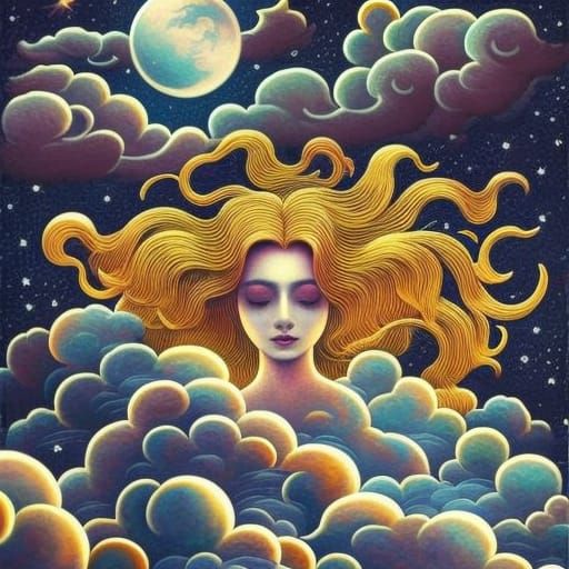 Surreal Woman in Sun and Moon Clouds