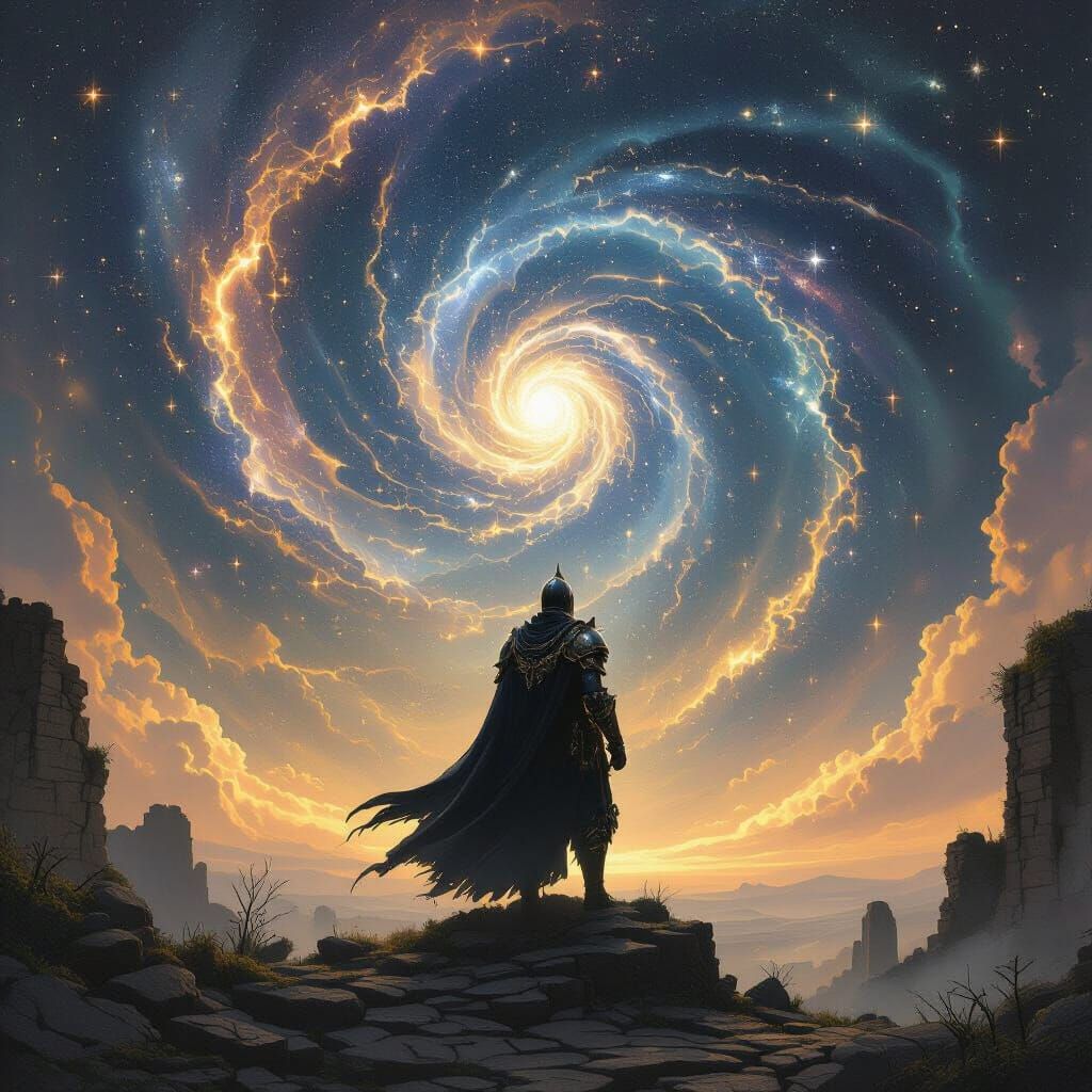 Celestial Knight Gazing into Cosmic Vortex