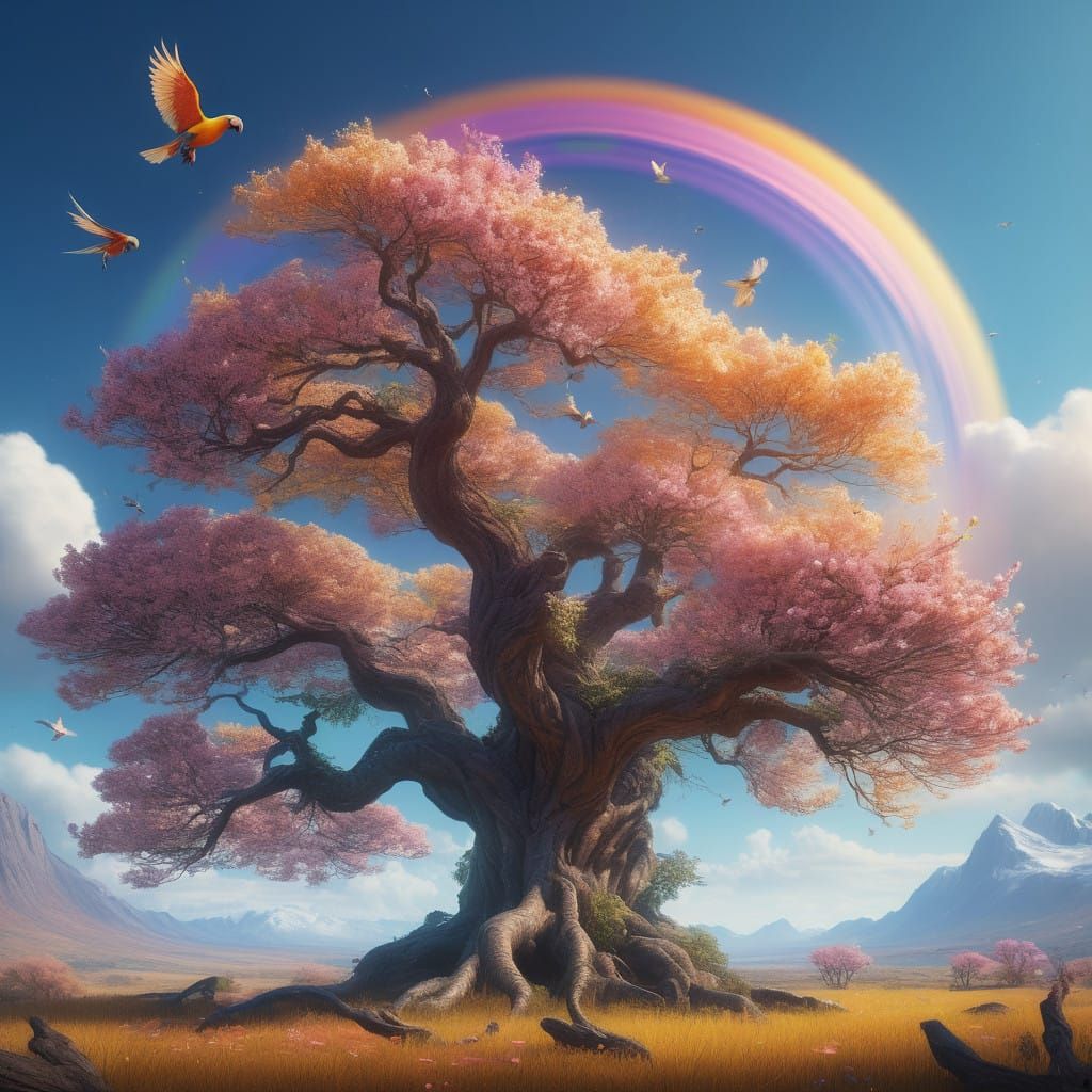 Vibrant Peach Blossoms in Full Bloom with Exotic Parrots and...