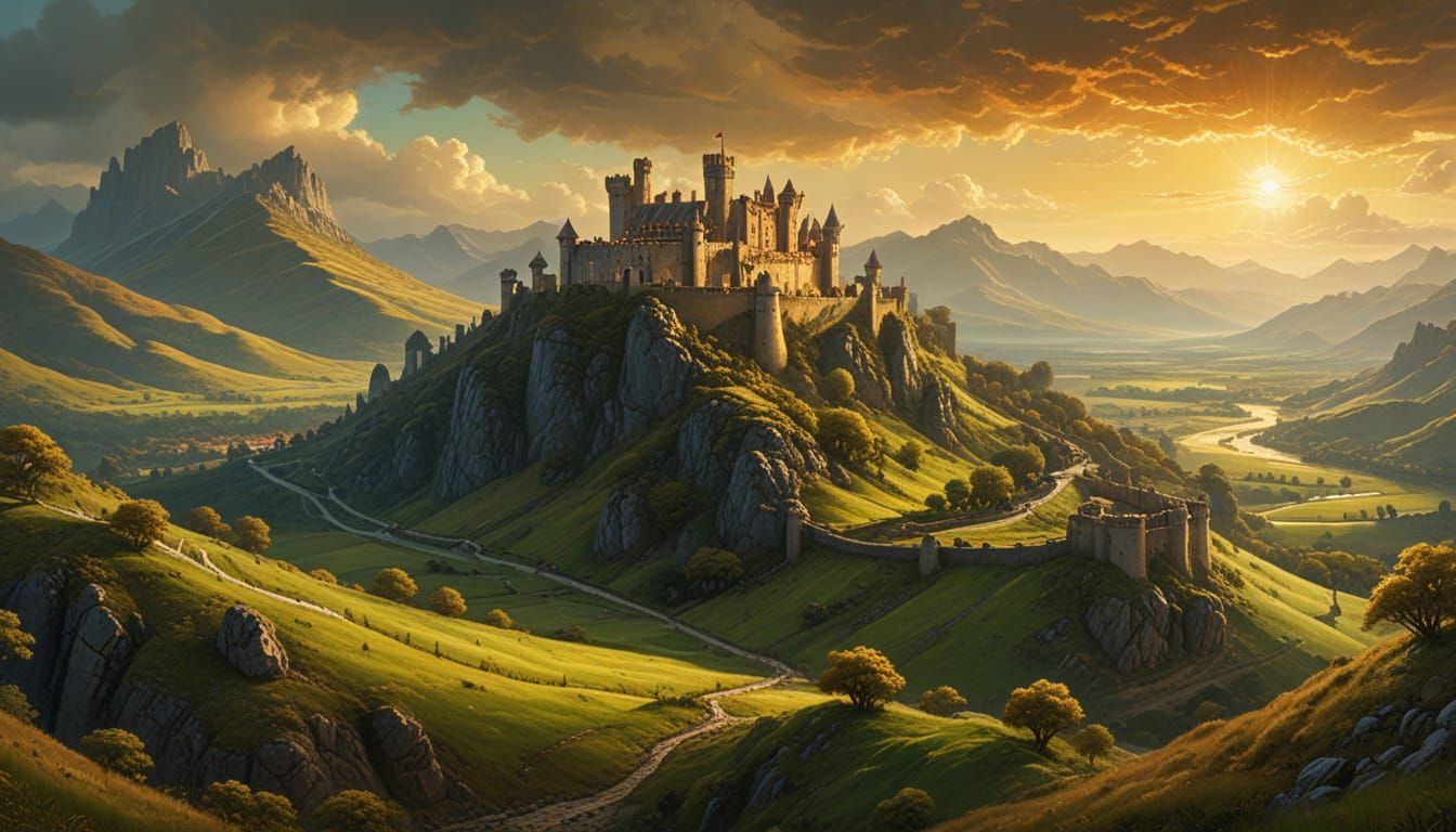 Fantasy Landscape with Castle in Oil Painting Style
