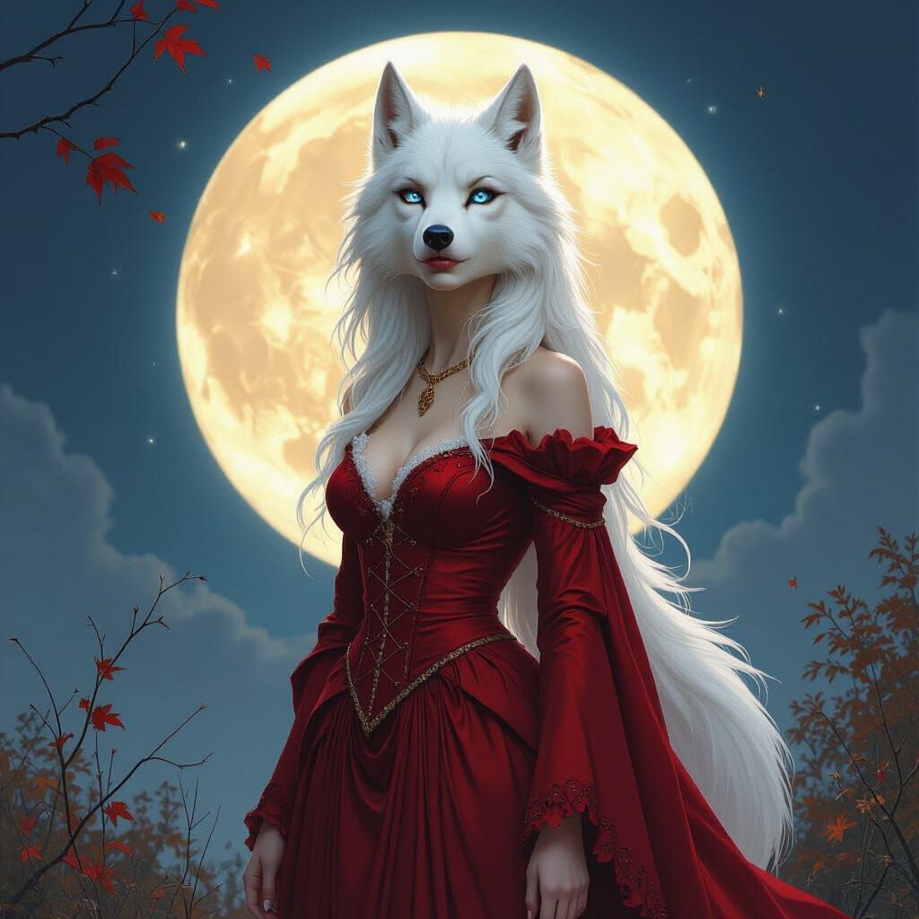 White Werewolf in Red Dress Under Moon, Fantasy Art