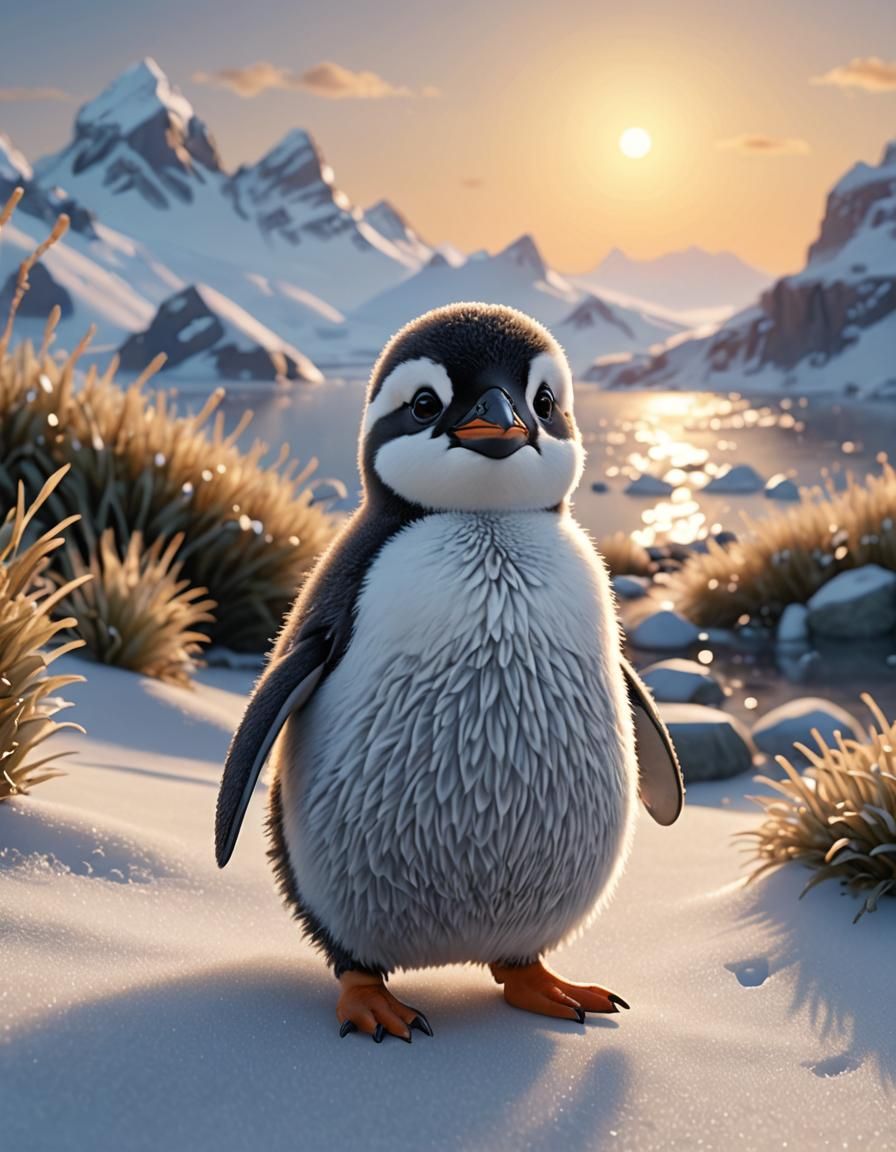 Adorable 3D Animated Penguin Chick at Sunrise
