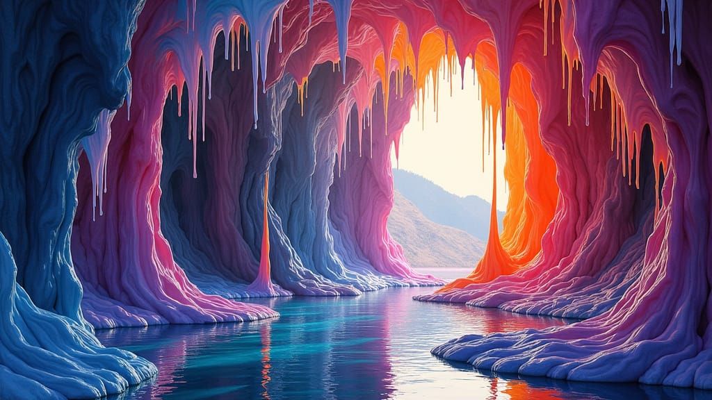 Surreal Cave with Dripping Iridescent Watercolors