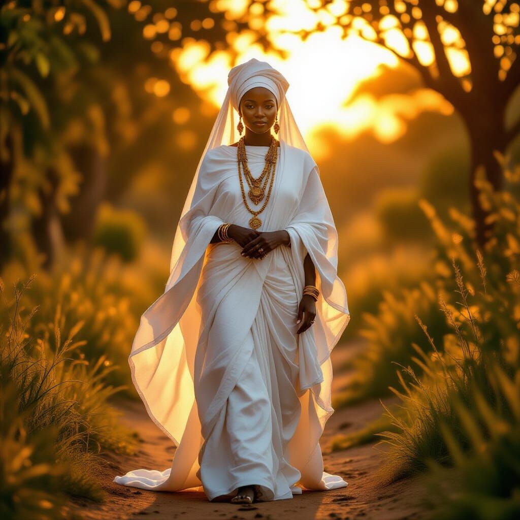 African Priestess in White Garments at Golden Hour