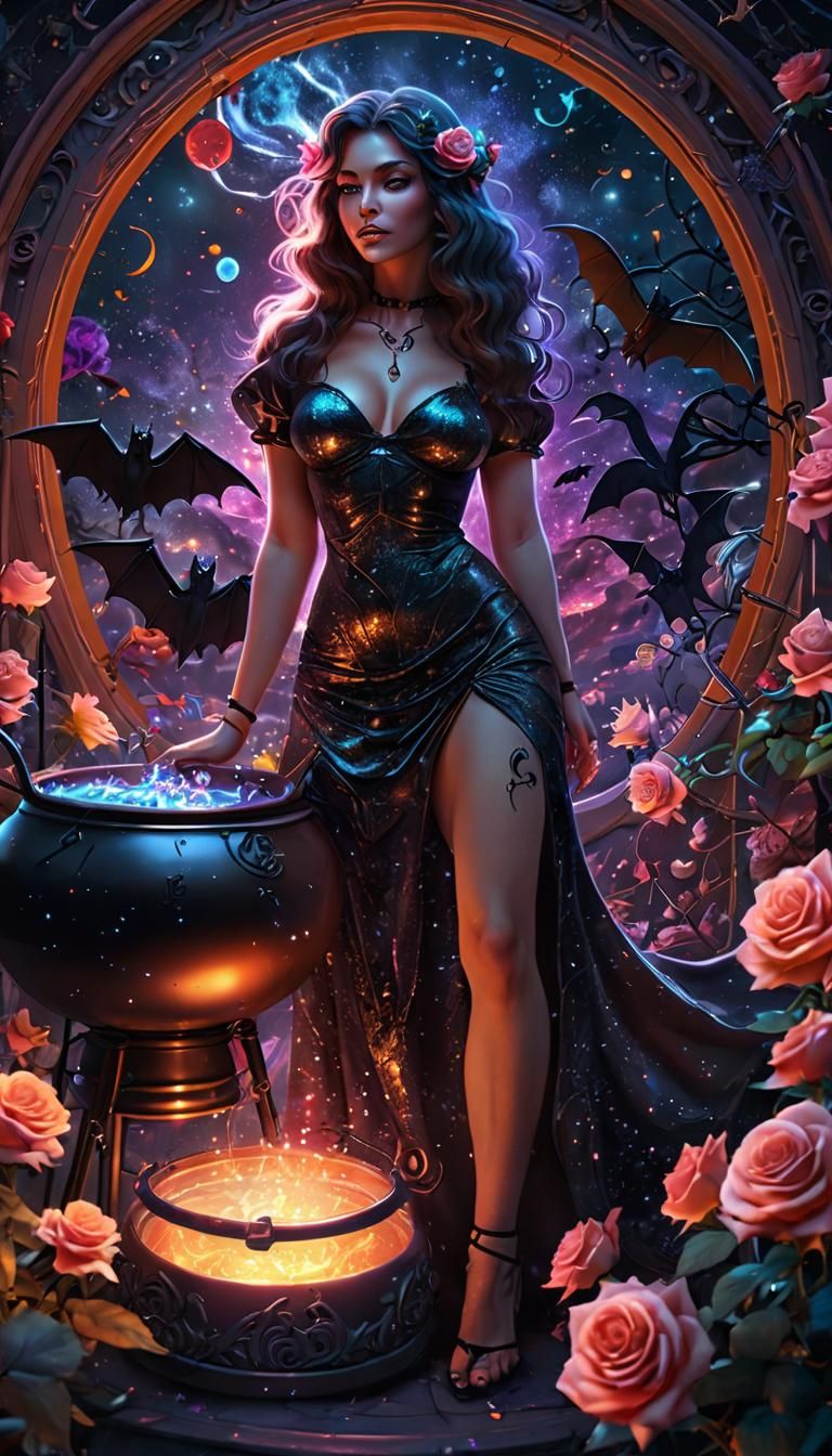 Cosmic Witch Pinup with Cauldron: Astral Illustration