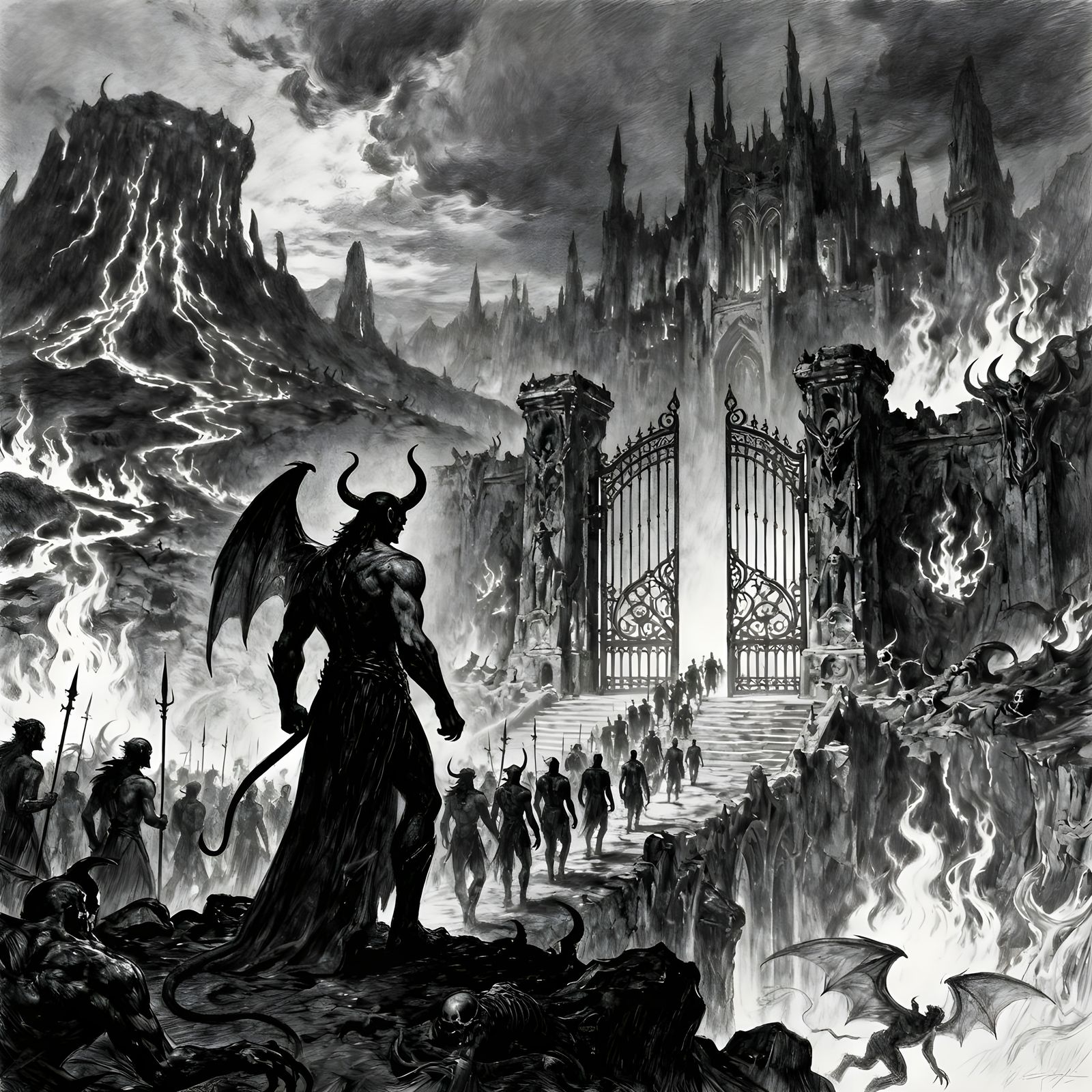 Satan's Empire Arrives: Hyperdetailed Charcoal Drawing