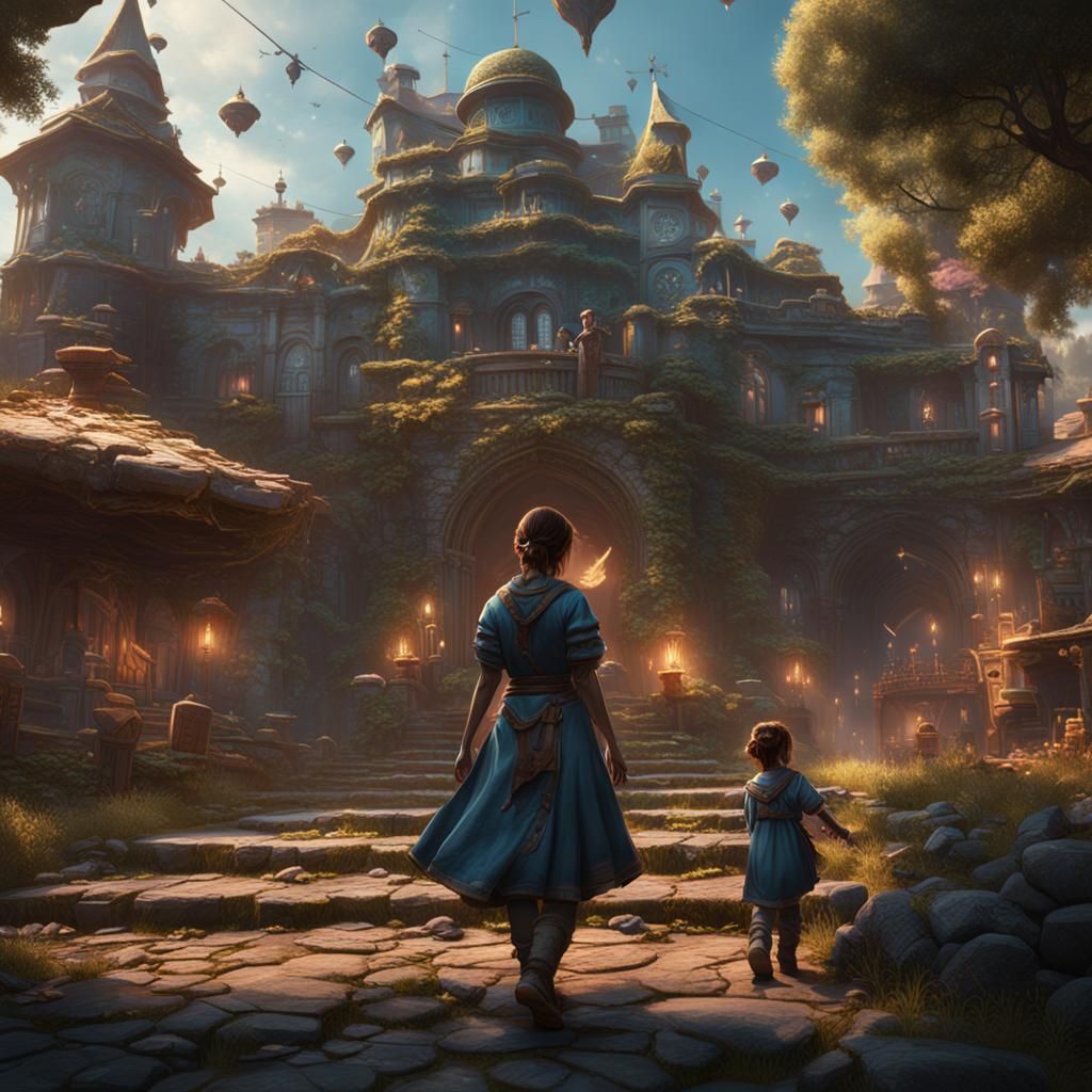 Woman Serving Kids: Detailed Fantasy Art