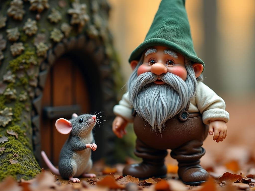 Gnome and Mouse in Autumn Forest, Ultra-HD Quality