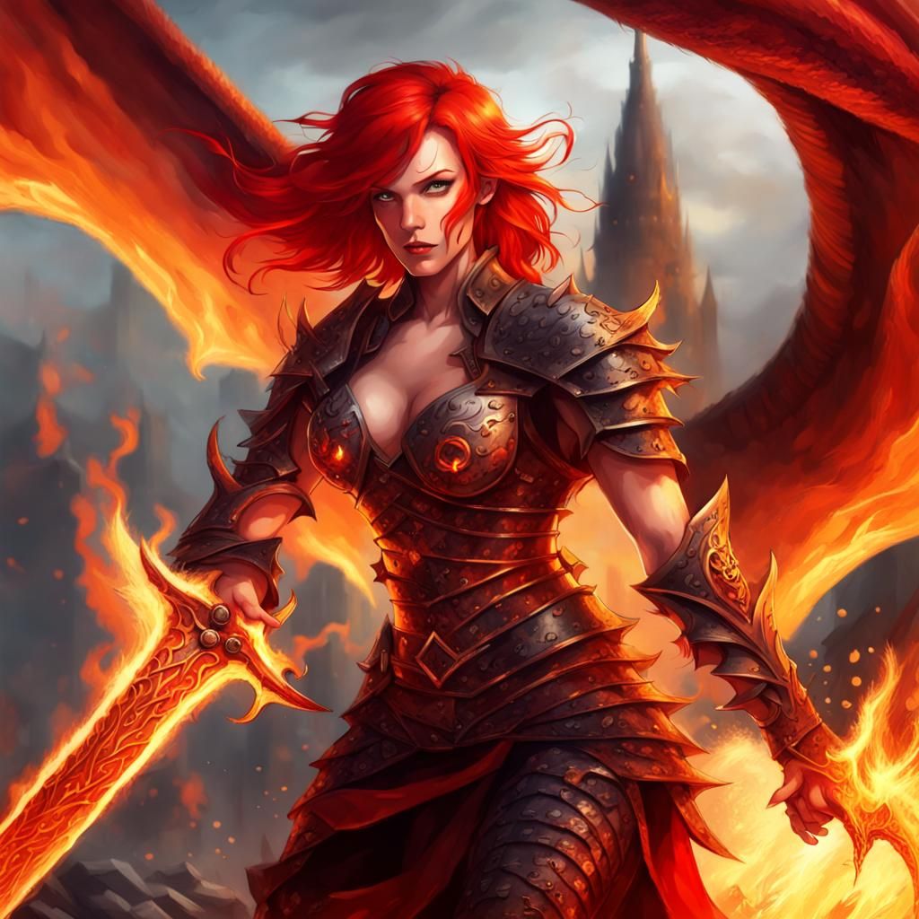 Fiery Female Demon Warrior with Dragon Wings