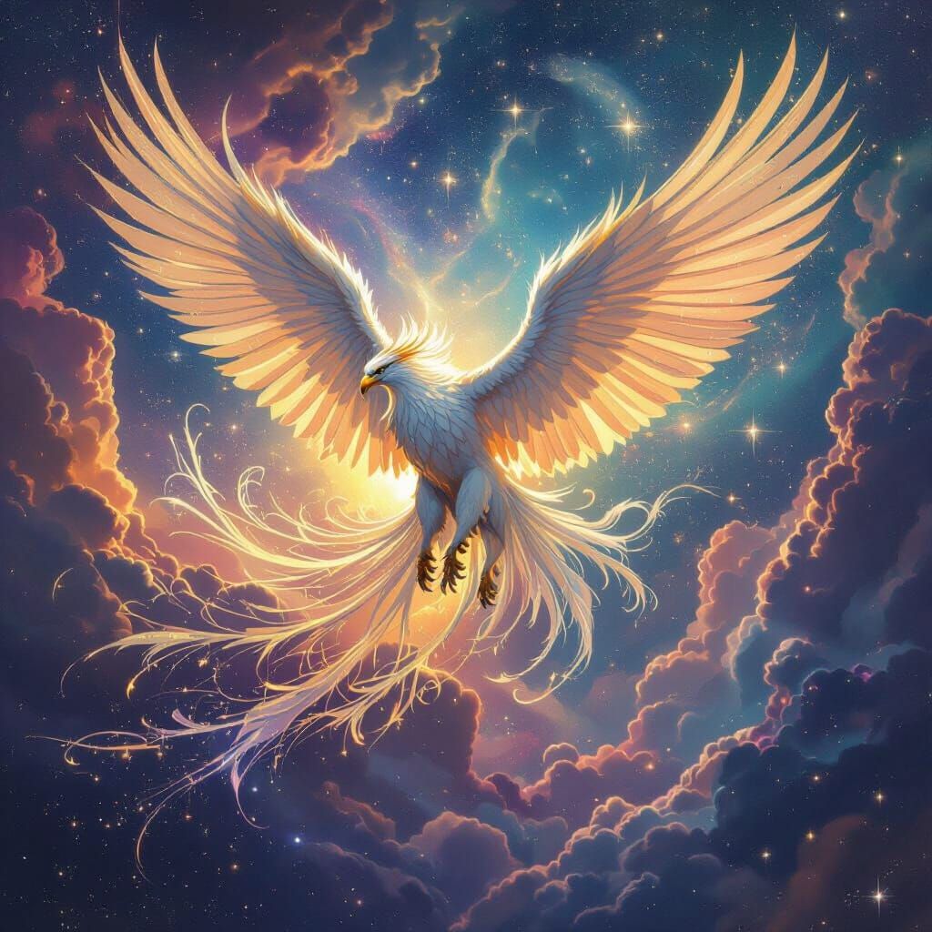 Griffin Soaring Through Nebula in Art Nouveau Style