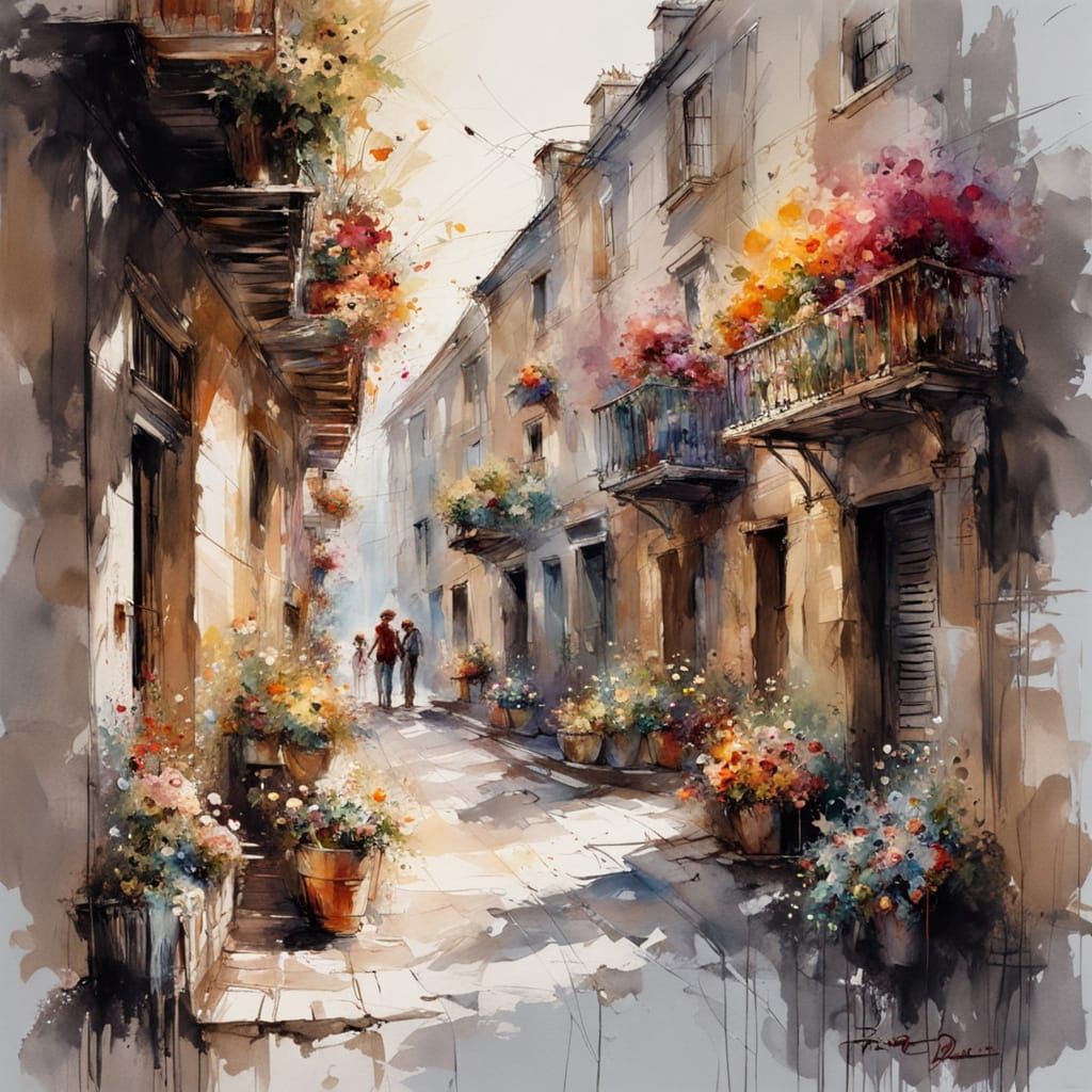 A quaint cobblestone alleyway winds through a historic district at twilight