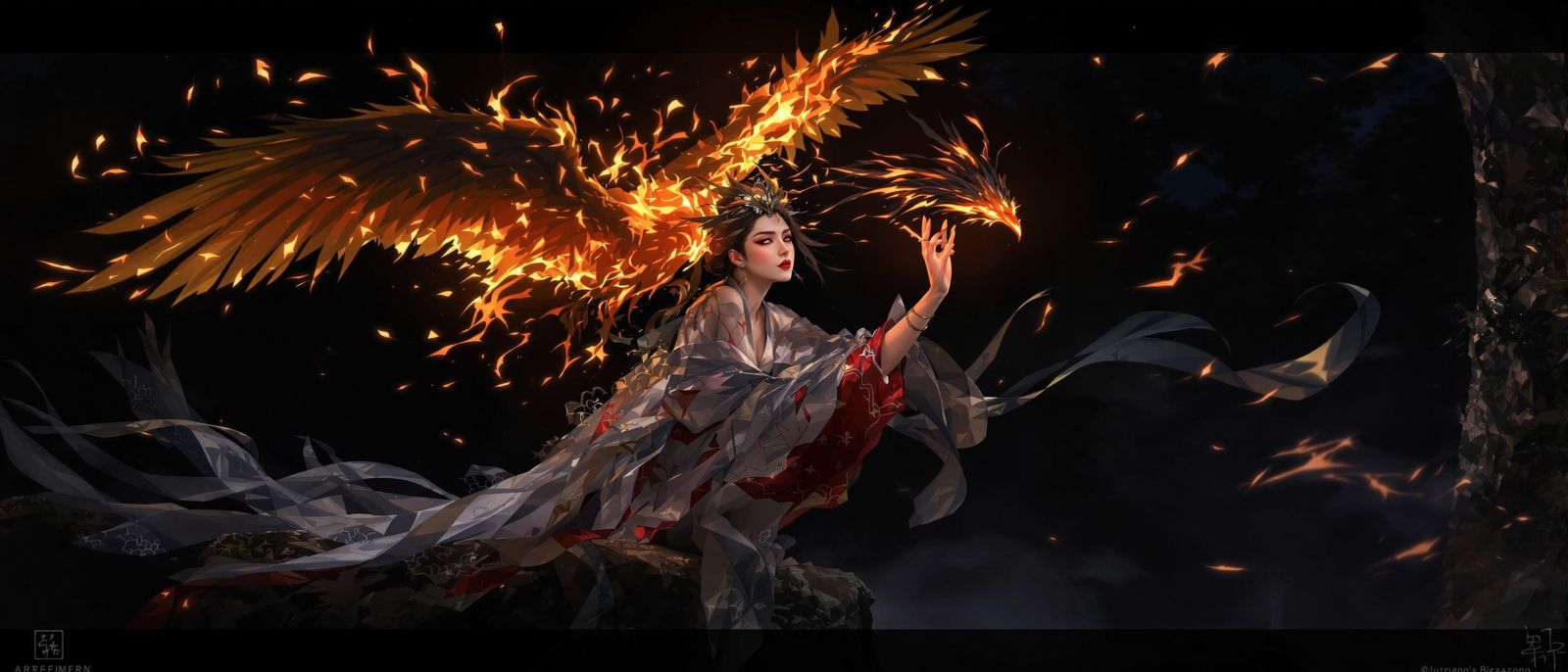 Geisha with Phoenix on Cliff, Detailed Fantasy Art