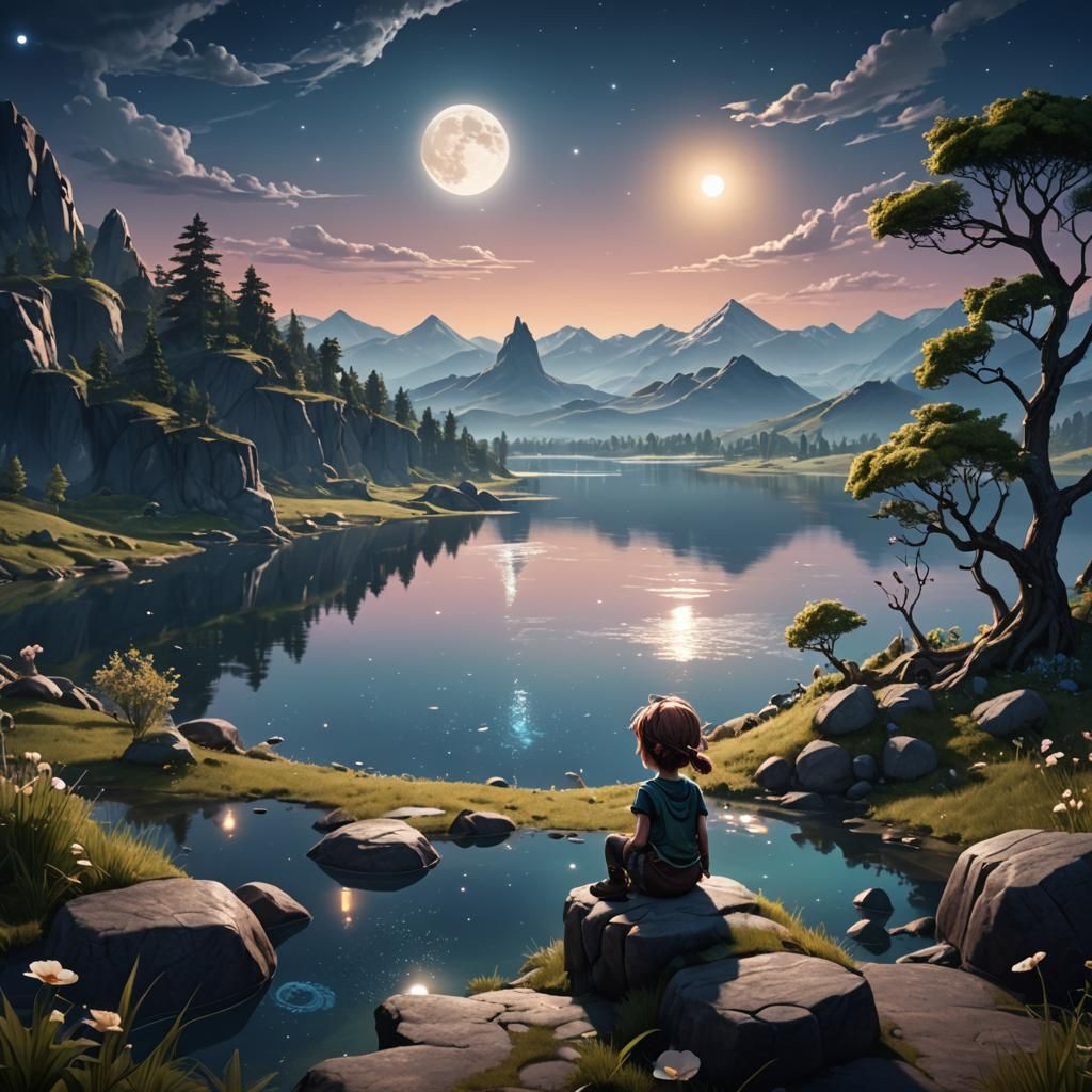 Chibi Fae Contemplates Moonlit Lake: Fantasy Art