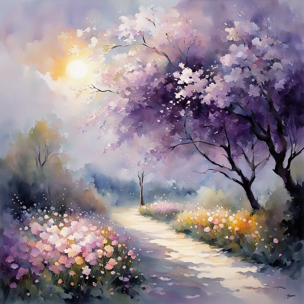 Impressionist Landscape with Cherry Blossoms and Glass Beads