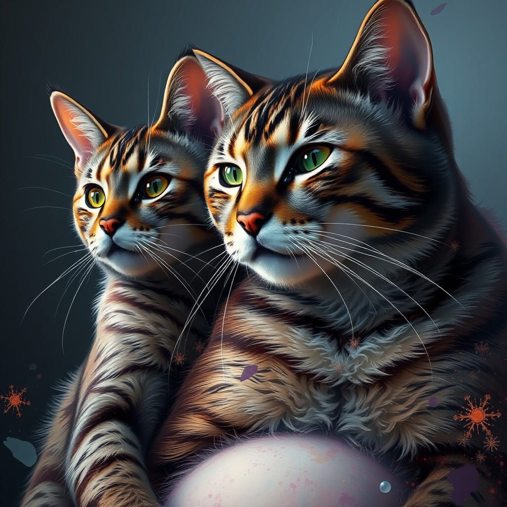 Surreal Hyperdetailed Portrait of a Cat with His Pregnant Ma...