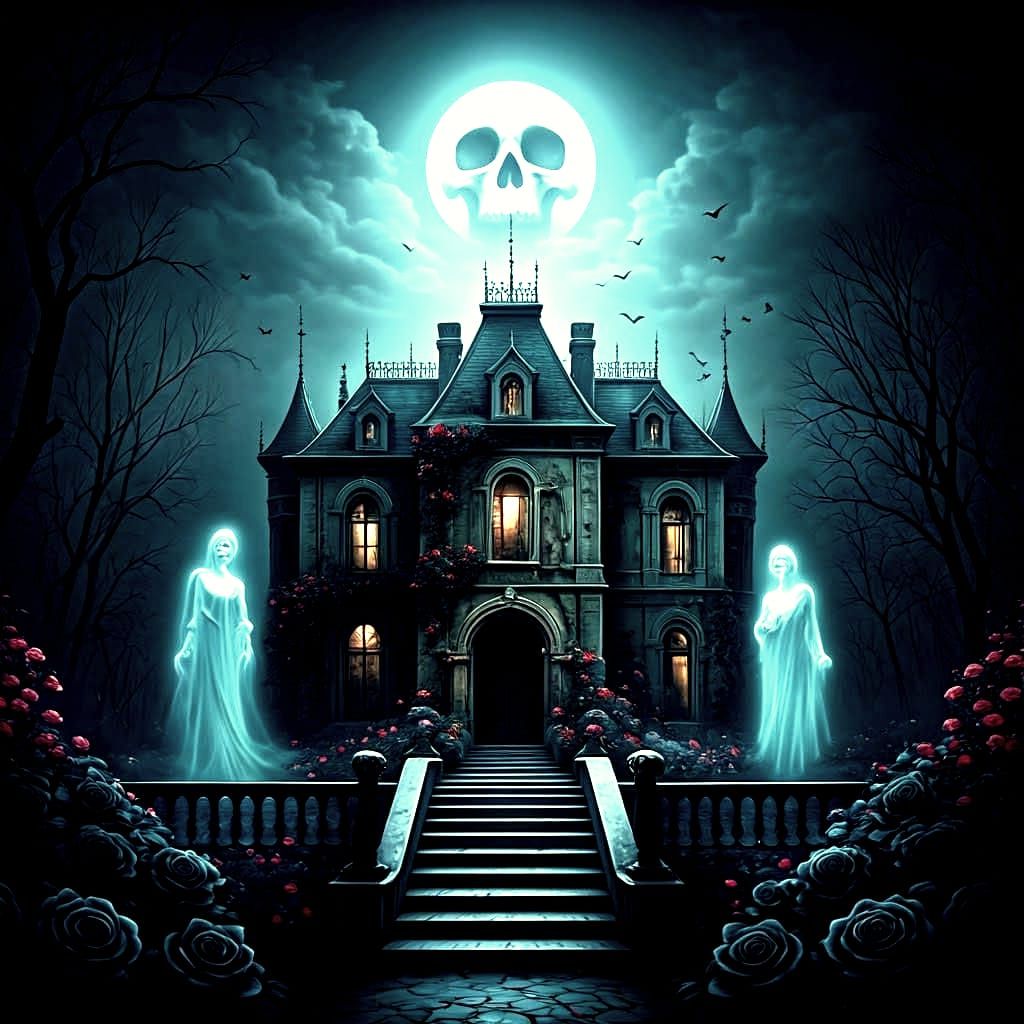 Sinister Mansion with Black Roses in Digital Painting
