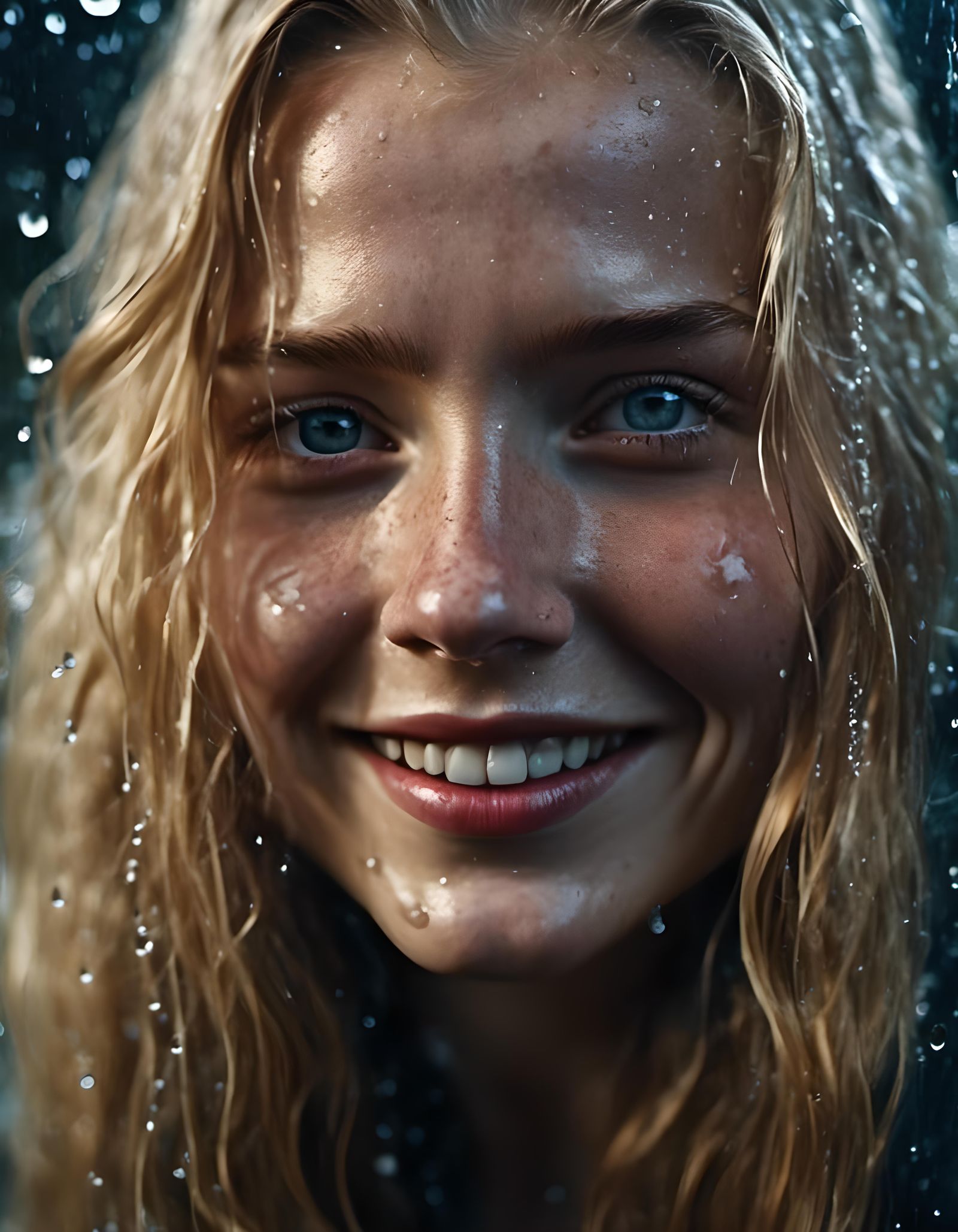 Joyful Woman Behind Wet Glass: Macro Film Still