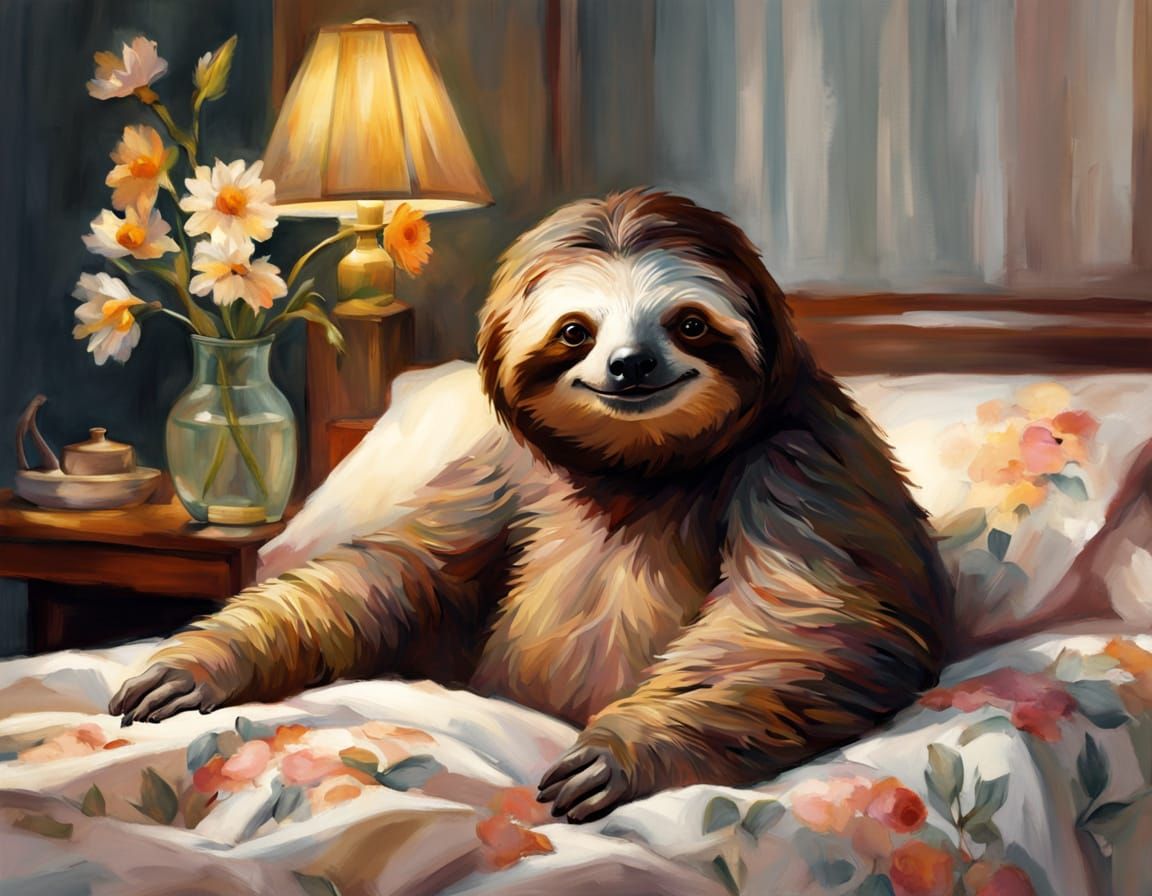 Cute Sloth in Cozy Bed with Flowers, Painterly Style